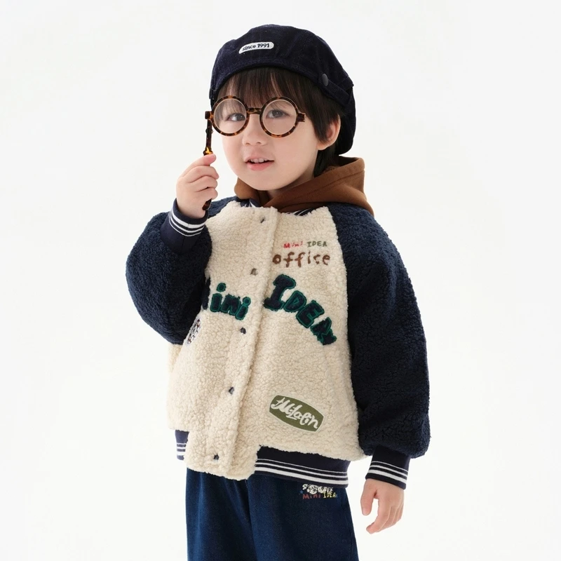 K1马拉丁童装儿童棉服冬新款男小童贴布绣花保暖仿羊羔毛棒球外