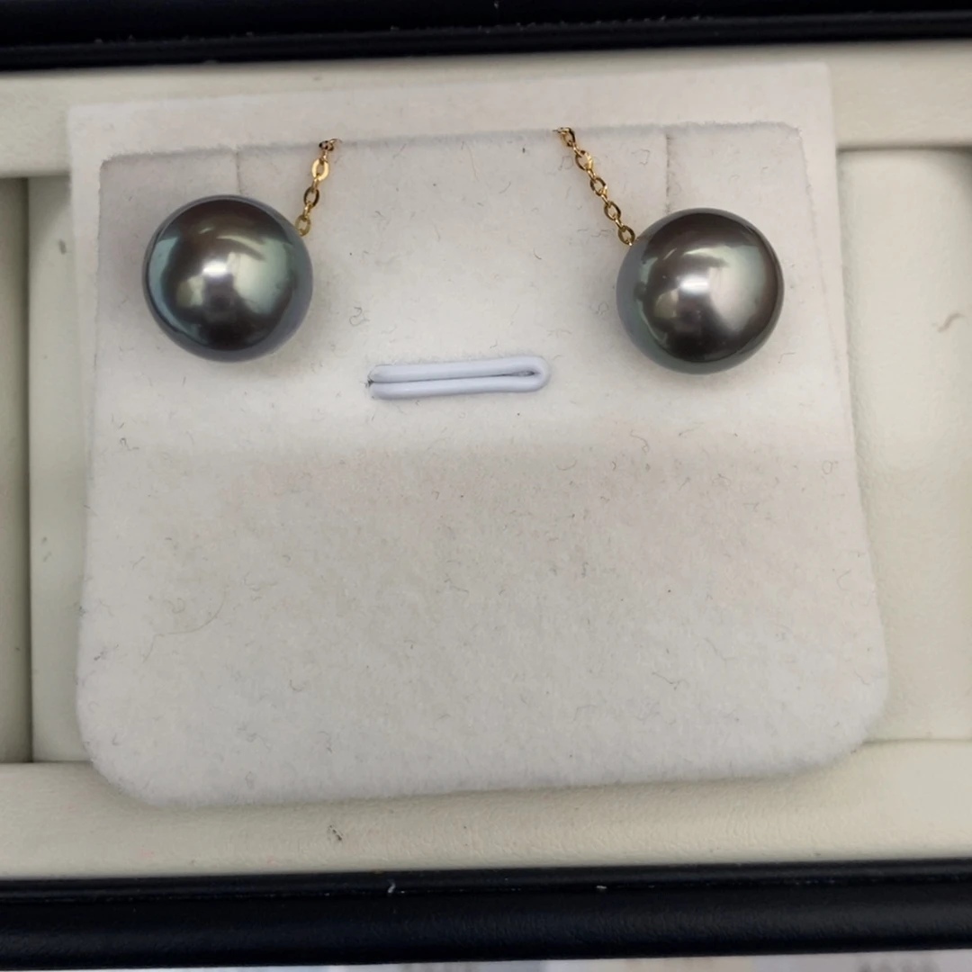 定制海水珍珠银S925镶嵌耳饰铂金灰素钉11-12mm