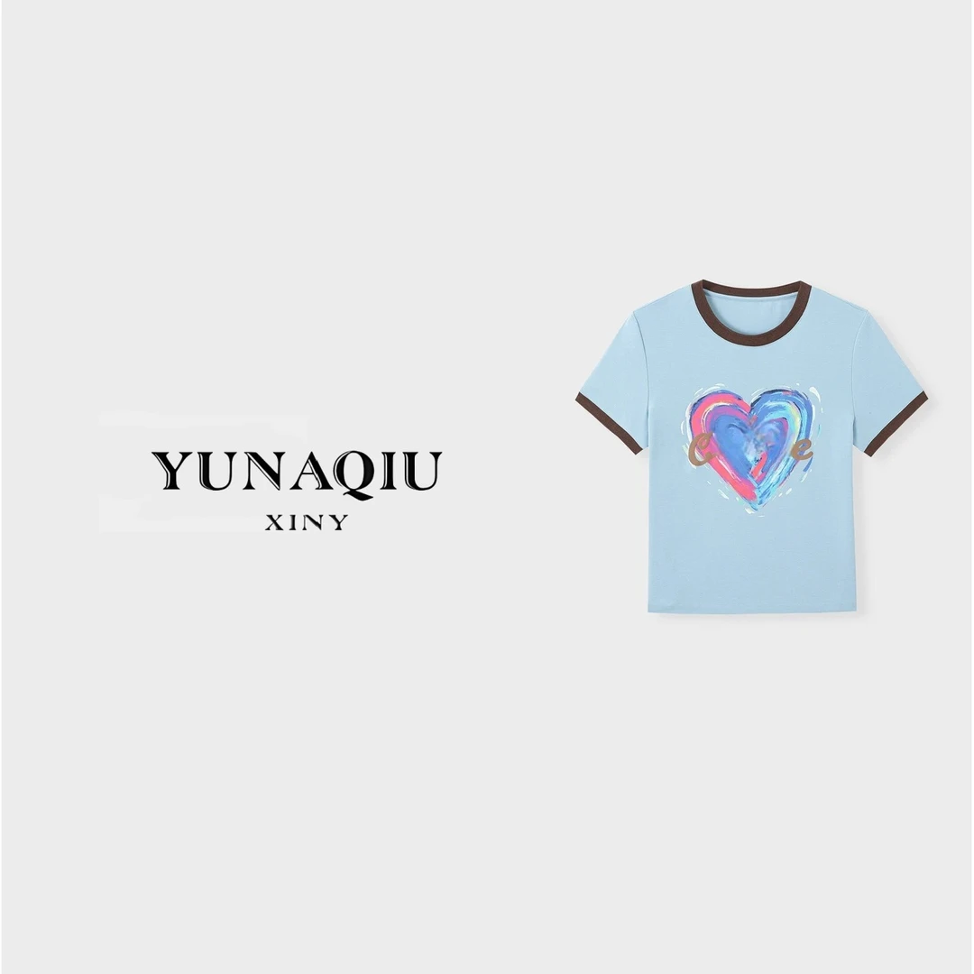 YUNAQIU 蓝色字母印花圆领T恤-9265