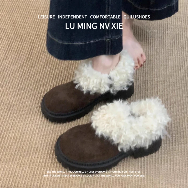 羊皮版~2025秋冬新款韩版毛毛乐福鞋加绒保暖一脚蹬豆豆鞋毛毛鞋