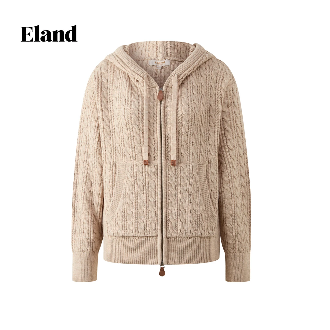 Eland衣恋秋冬新款拉链连帽抽绳含羊毛绞花针织开衫女EECKF8TH02