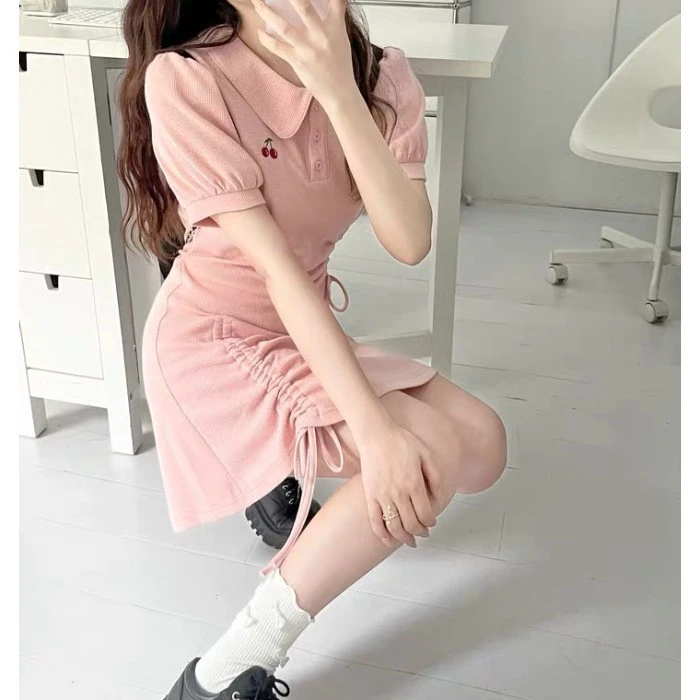 抽绳短袖甜美学院风连衣裙女2024夏季新款纯欲收腰显瘦A字短裙子