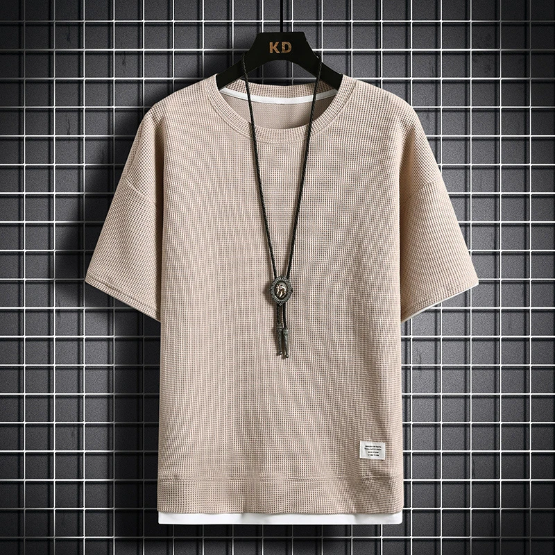 2025年新款潮流宽松上衣男款华夫格半袖夏季清凉透气男士短袖T恤