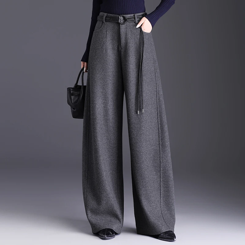 哥I第2025秋冬新款绵羊毛阔腿裤女装高腰显瘦宽松休闲垂感拖地裤