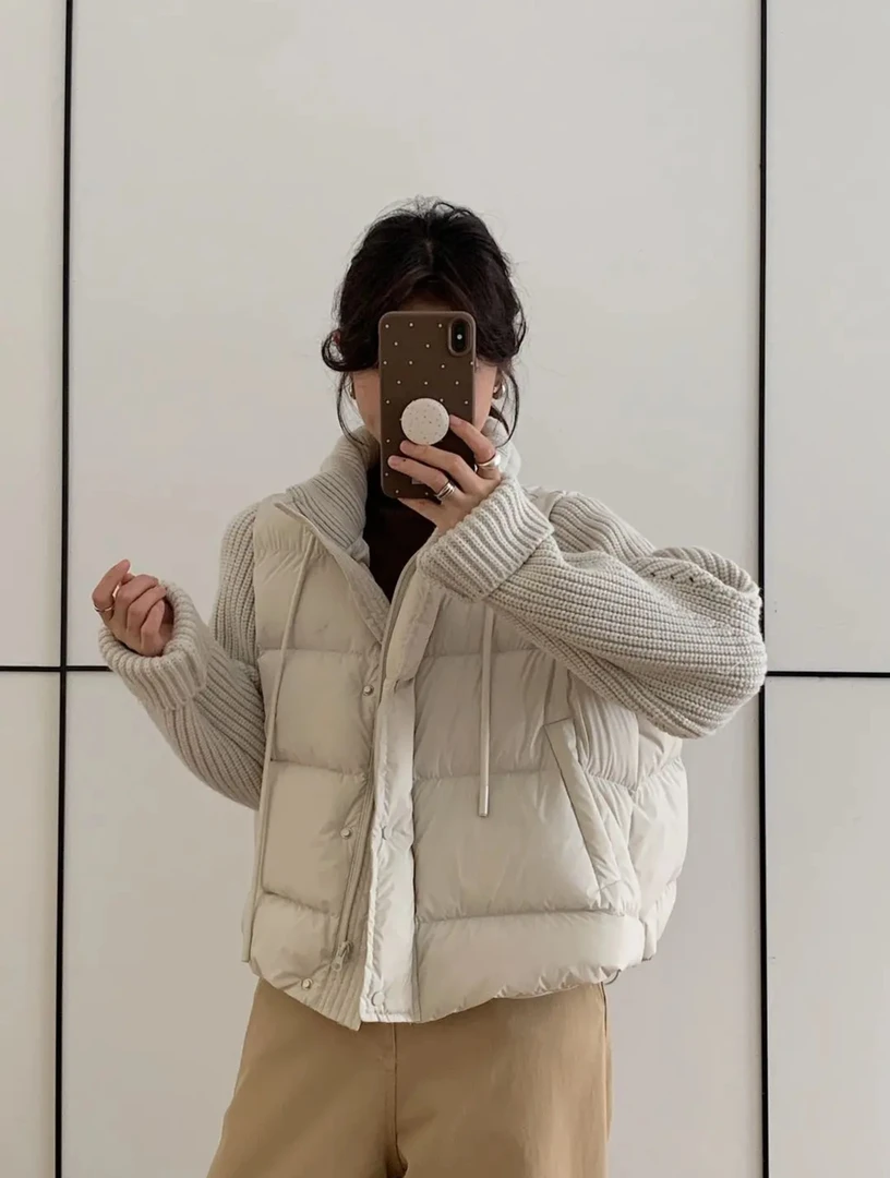 韩系显瘦超好看立领针织拼接袖冬季宽松百搭小个子棉服轻薄保暖