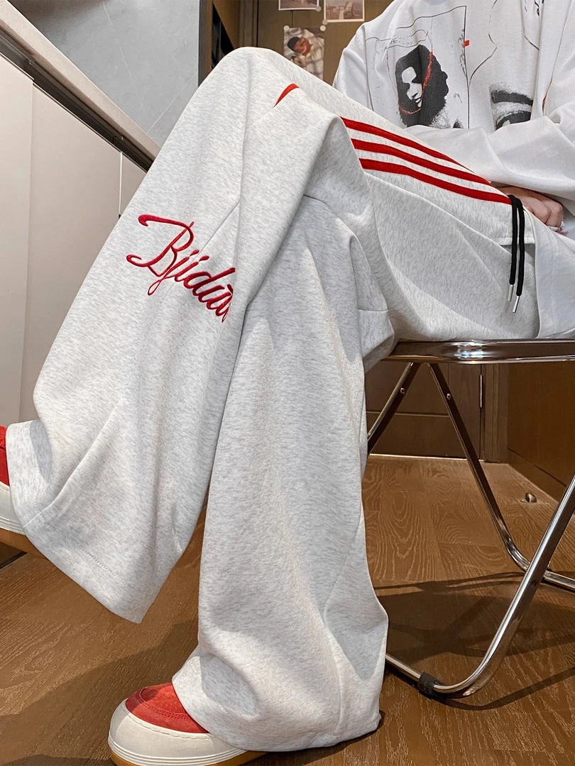 美式重磅刺绣三条杠卫裤男秋季潮牌宽松垂感运动裤阔腿休闲长裤夏