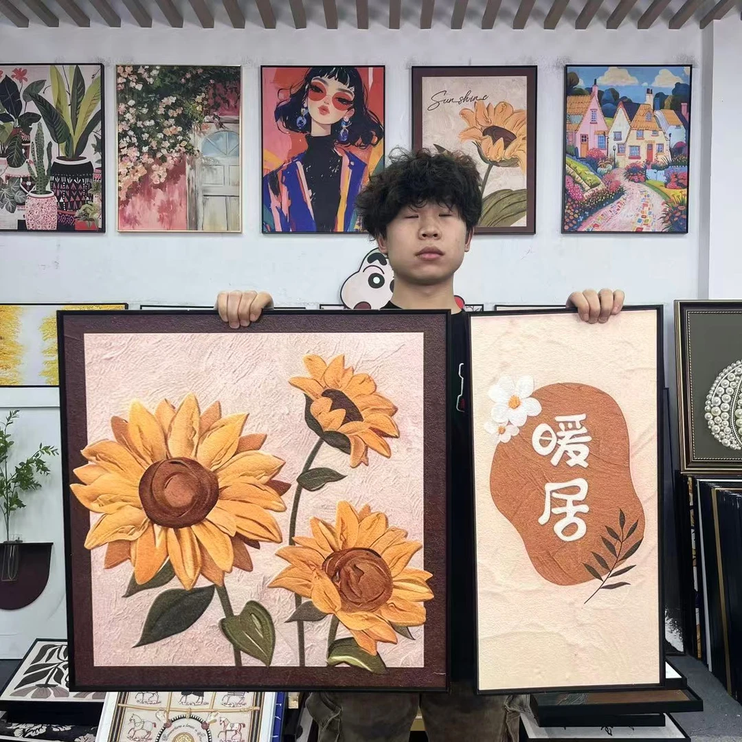 北欧现代轻奢向日葵砂岩高级感沙发背景墙装饰画3060