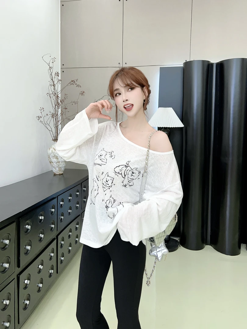 纯欲风长袖INS风印花圆领防晒T恤薄款秋季百搭韩版