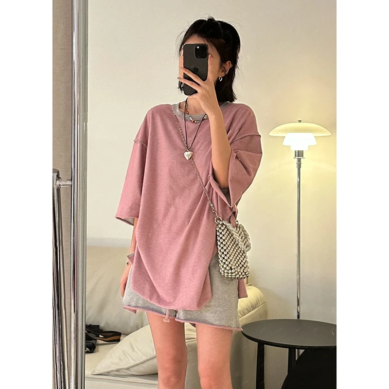 FRVXO百搭正反两穿双色休闲短袖T恤时尚百搭休闲短裤/长裤套装