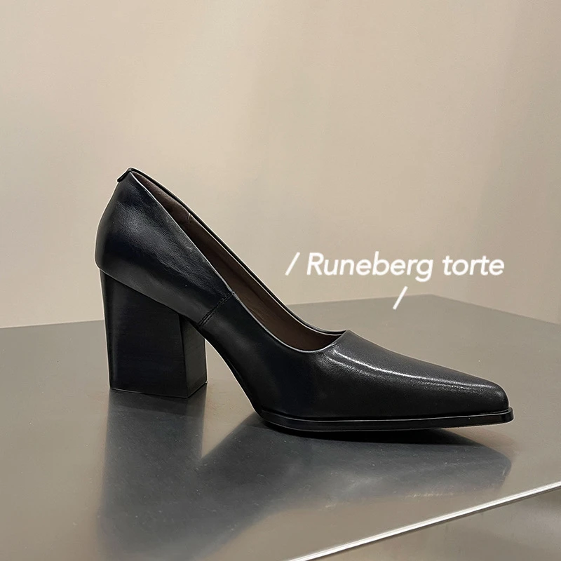 手工女鞋2025新款真皮黑色粗跟高跟鞋女复古风尖头浅口中古单鞋女