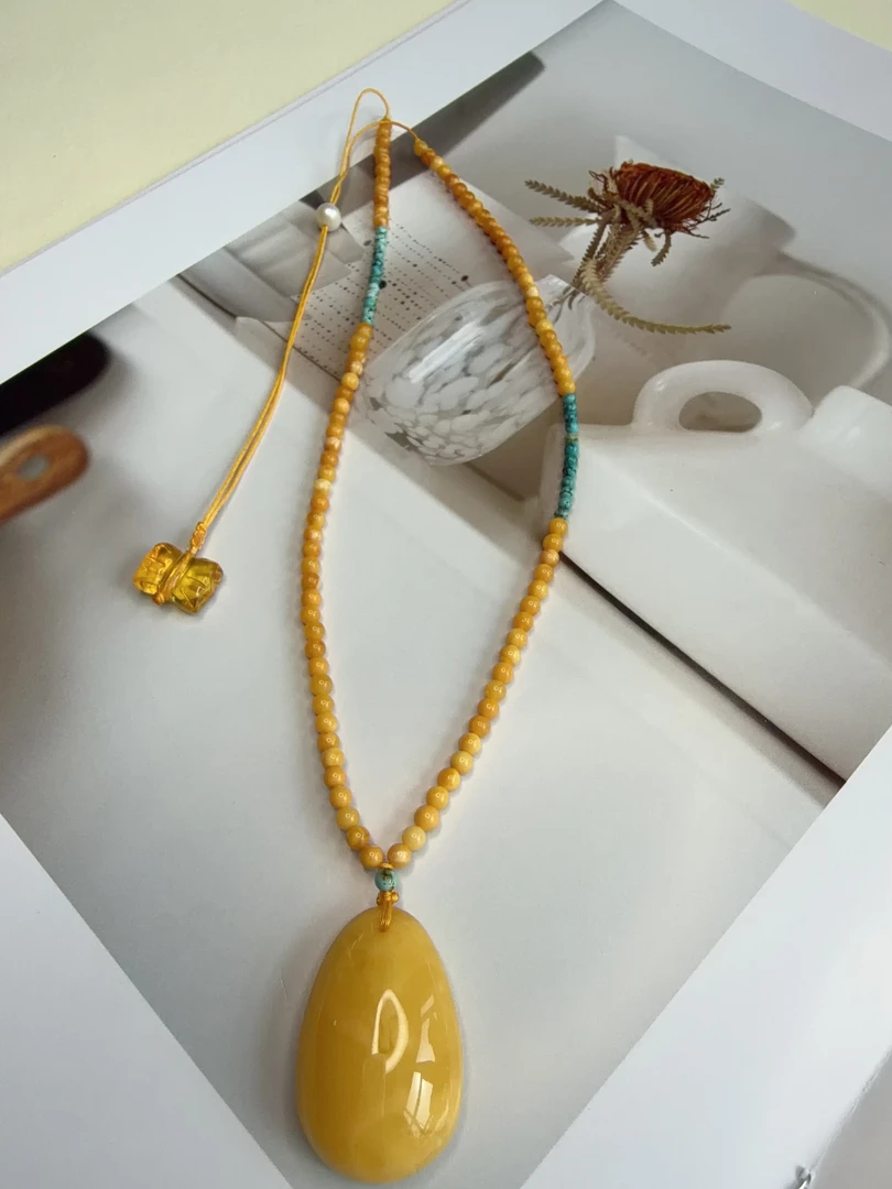 蜜蜡项链吊坠绿松加珍珠长链水滴百搭复古设计师简约小众气质