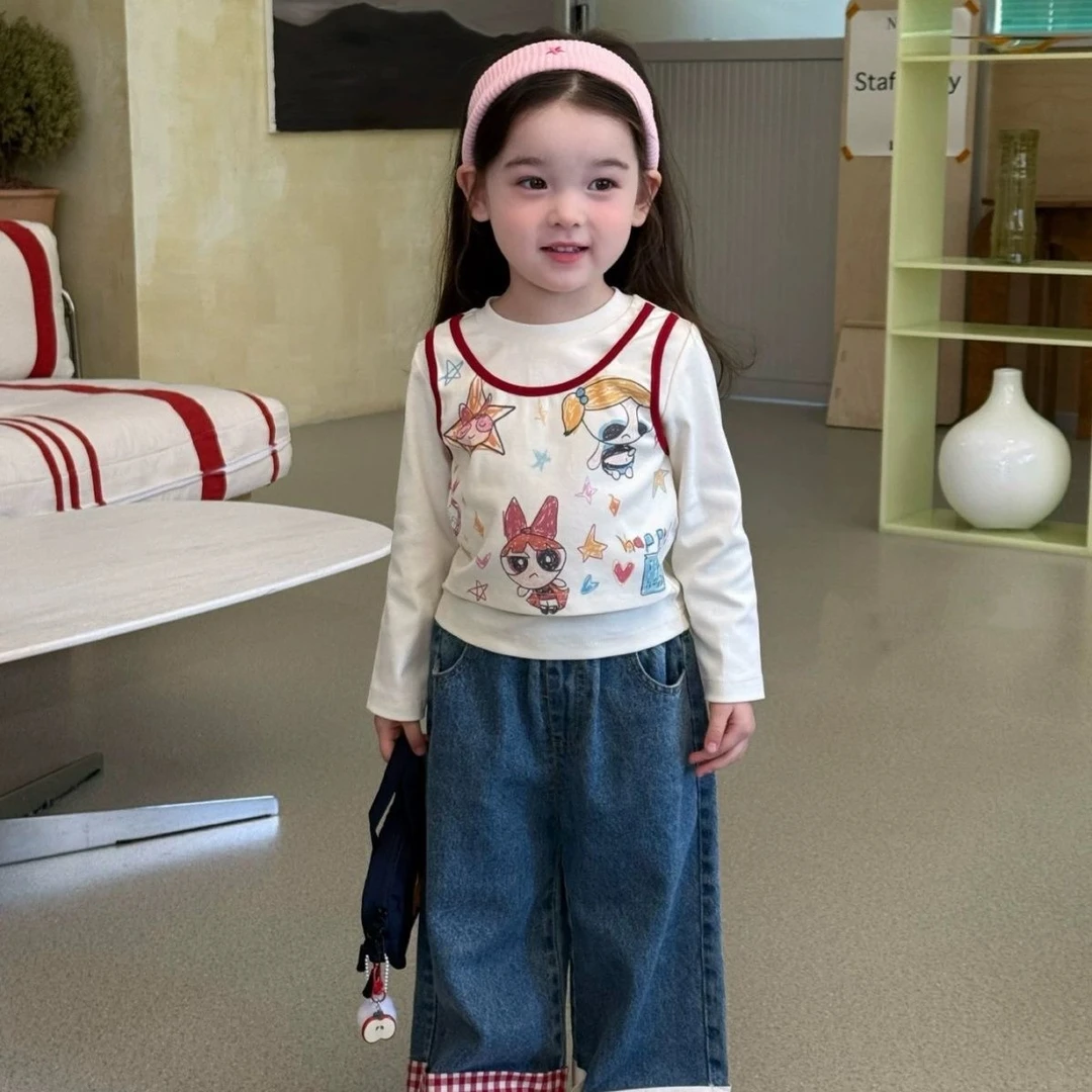 女童秋季长袖T恤2025春秋新款卡通涂鸦假两件背心上衣直筒牛仔裤