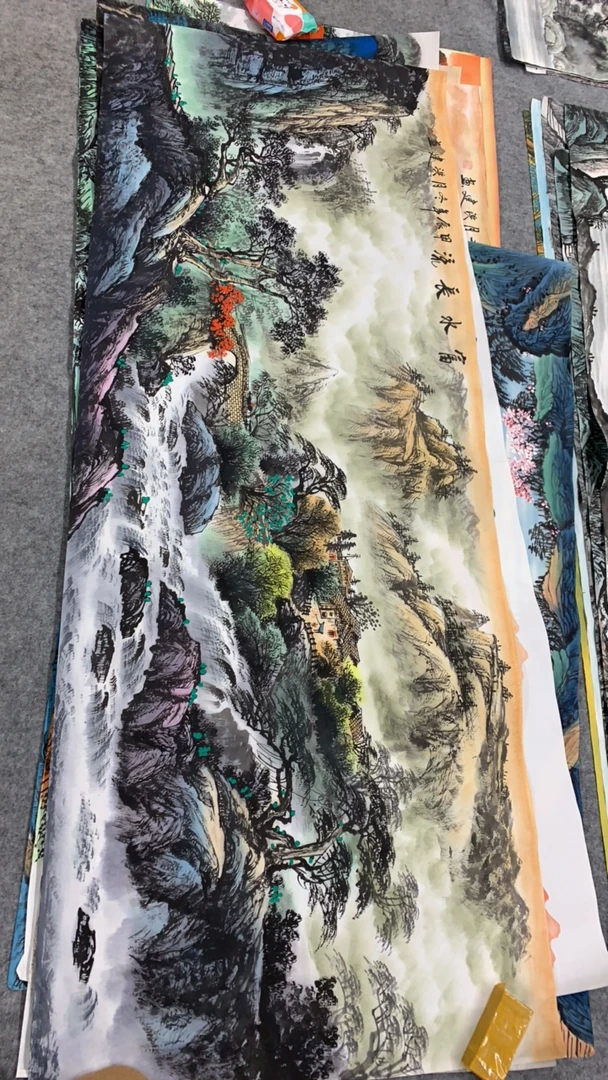 富水长流画芯尺寸：180cm*70cm山水画客厅办公室挂