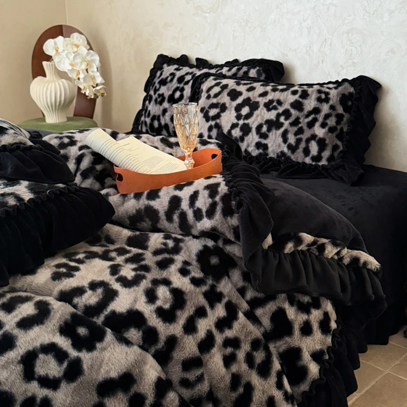 轻奢豹纹兔毛绒牛奶绒四件套冬季加厚保暖花边被套床单三件套床品