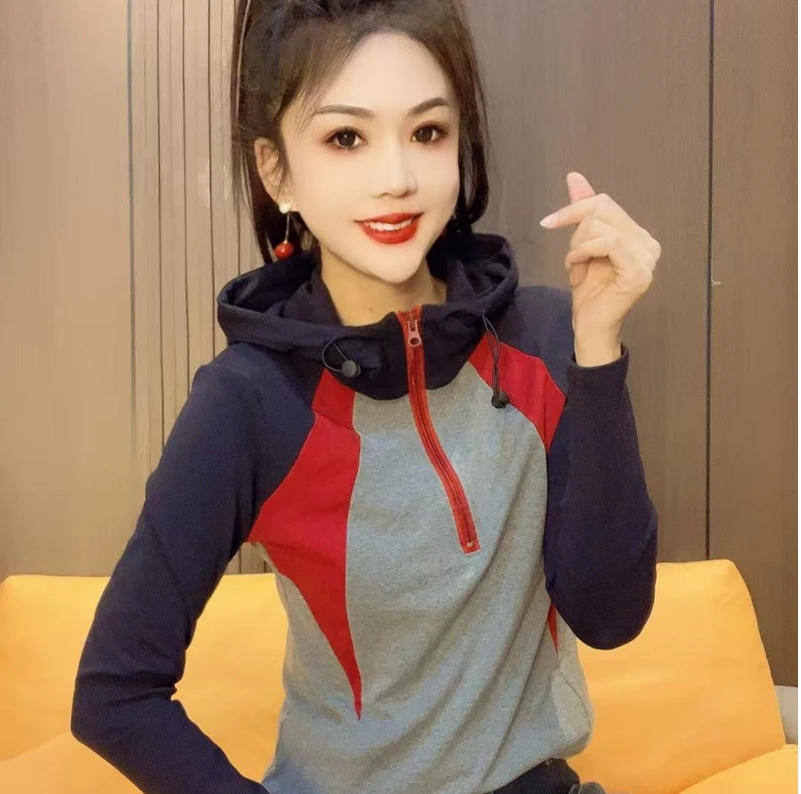 12572#拼接撞色半开领帽衫