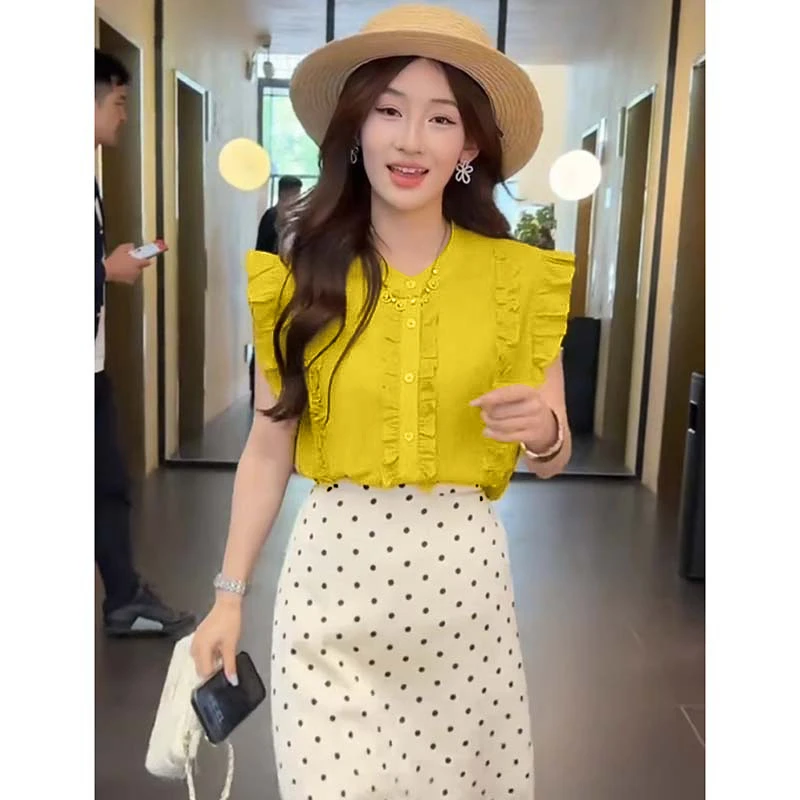 【两件套】【有里布】木耳边单排衬衫女夏季漂亮减龄半身裙套装D2871