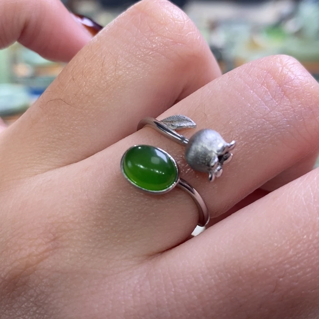 和田玉银S925镶嵌手镯碧玉苹果绿戒指