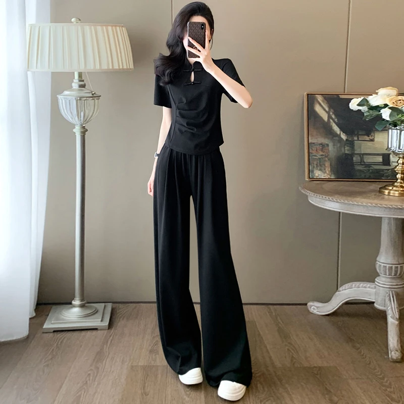 新中式国风收腰显瘦套装女夏高级感黑色盘扣短袖直筒阔腿裤两件套