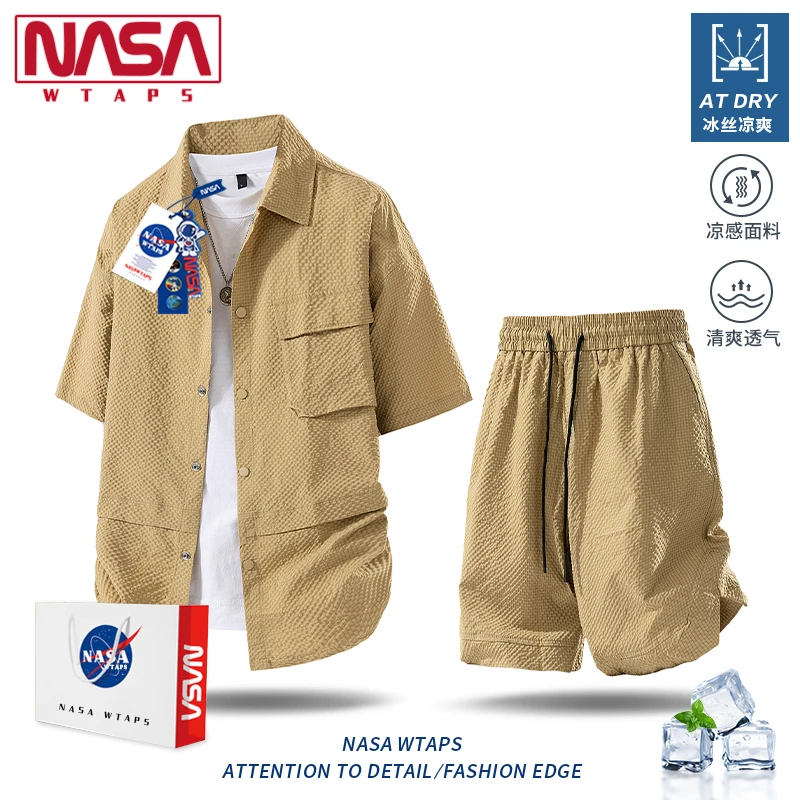 NASA WTAPS泡泡格休闲运动套装男夏季冰丝薄款短袖衬衫短裤两件套