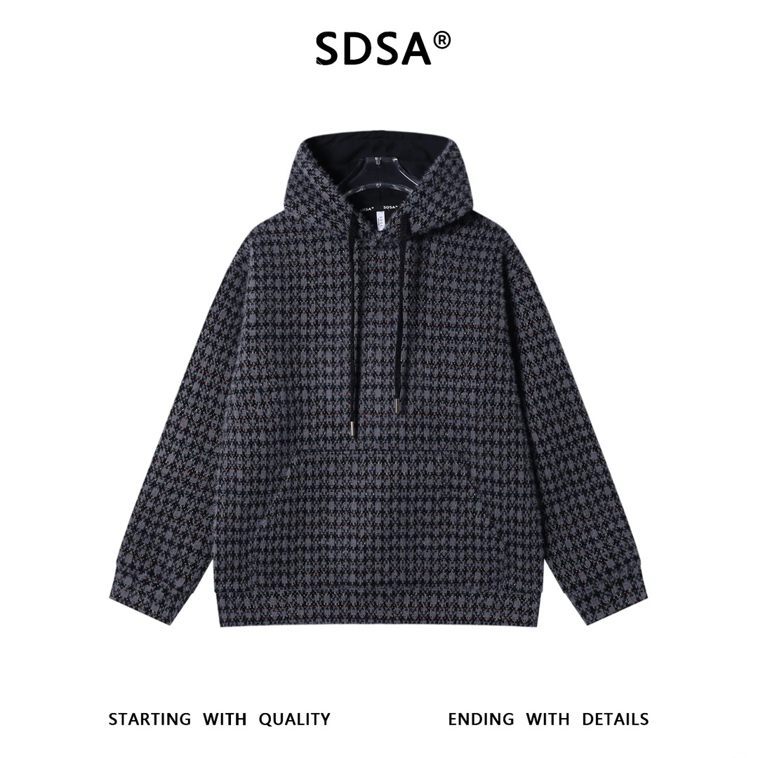 SDSA男士秋冬新款痞帅男装宽松格子绒毛抽绳连帽卫衣百搭时尚上衣