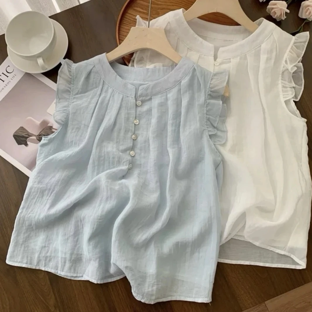 夏季设计感小众飞飞袖时尚百搭纯色气质女舒适休闲上衣6532# XZN