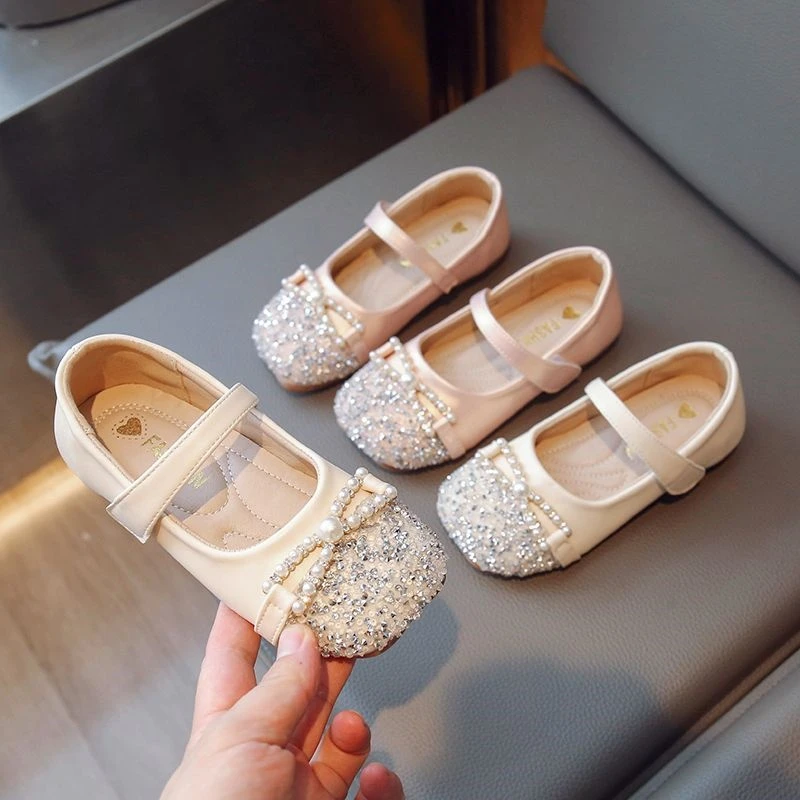 ABC女童公主鞋2025春秋新款女孩小香风水晶鞋儿童水钻宝宝皮鞋
