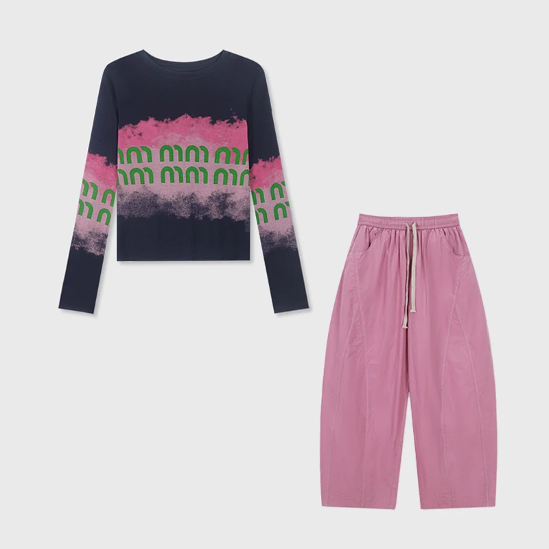 时尚字母印花防晒T恤百搭休闲长裤2元气穿搭夏季女性T恤裤两件套