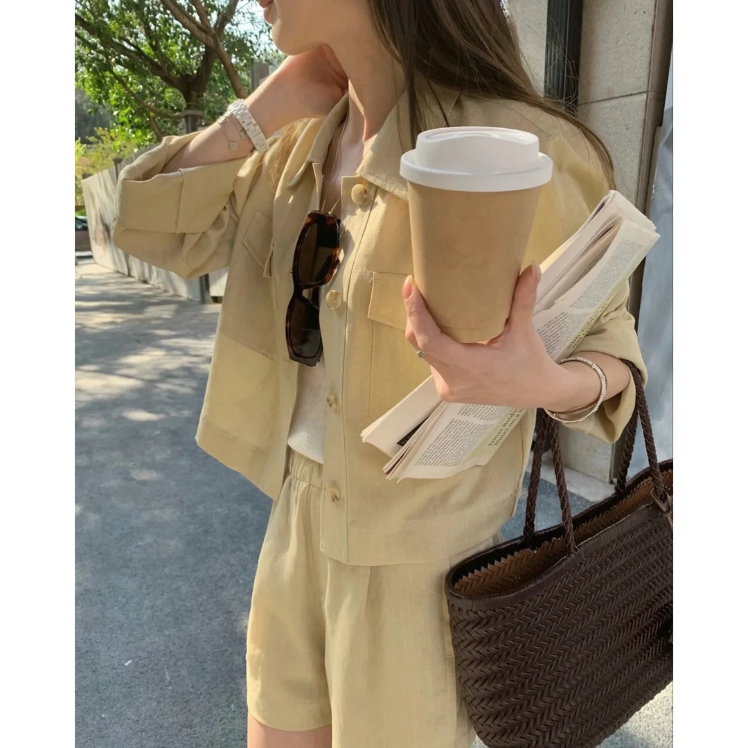 【NAN朋友推荐】松弛慢旅”慵懒老钱风宽松衬衫短裤亚麻套装26152