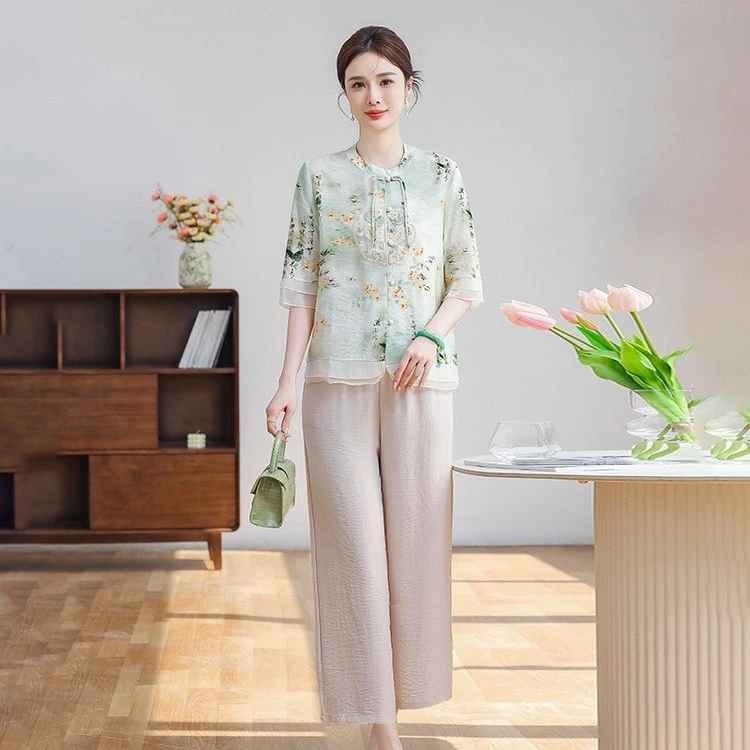 妈妈春装新款洋气国风中老年人女装夏季T恤时尚上衣服夏装