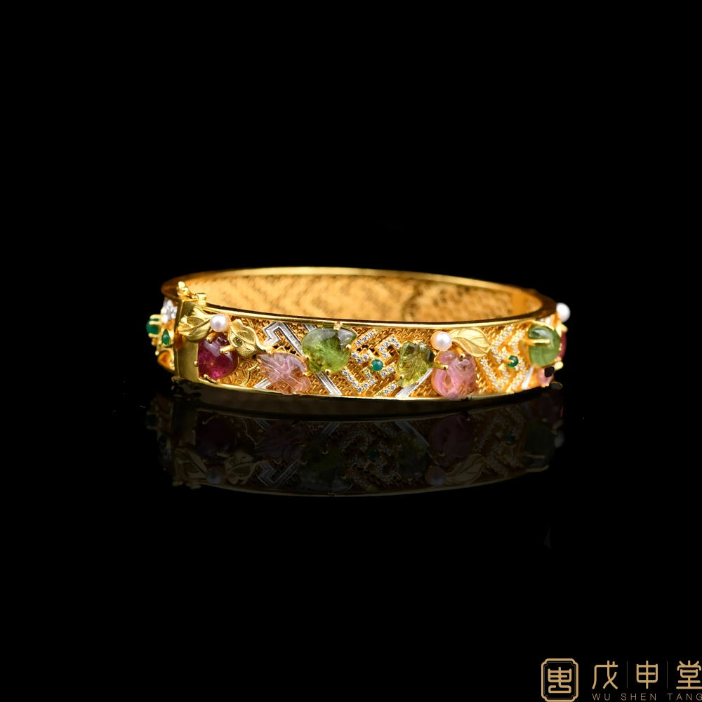 戊申堂【天工九宝镯】碧玺花丝镯圈口可调节彩色欧若假日风国风珠宝