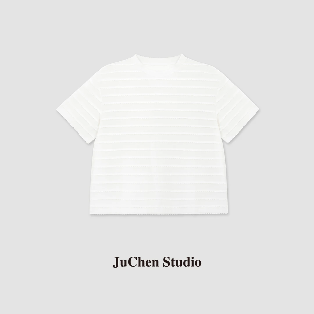 古典浪漫立体花边香风T夏季亲肤柔软基础纯色圆领短袖T恤SS044373