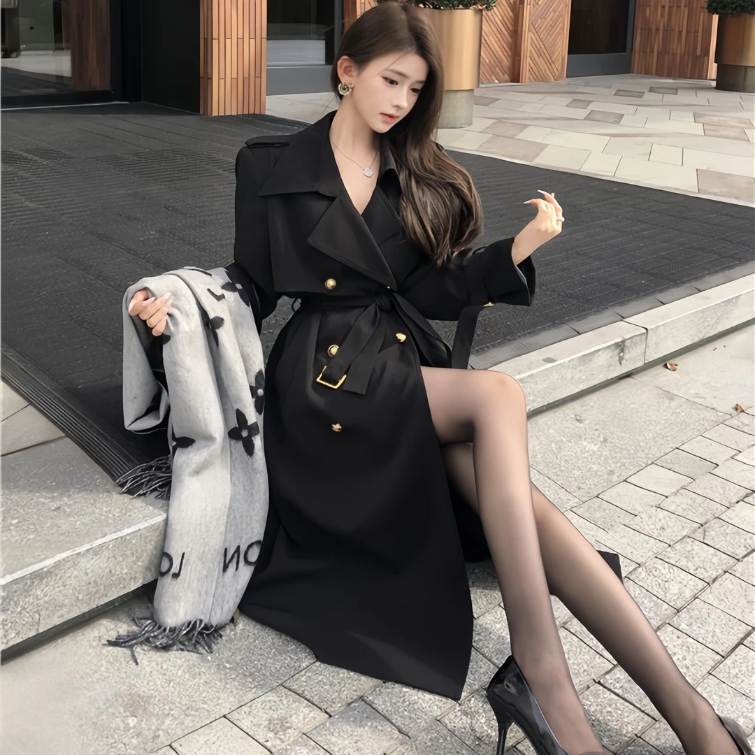 插肩袖显瘦风衣H型长款过膝赫本风黑色风衣双排扣收腰秋季外套女