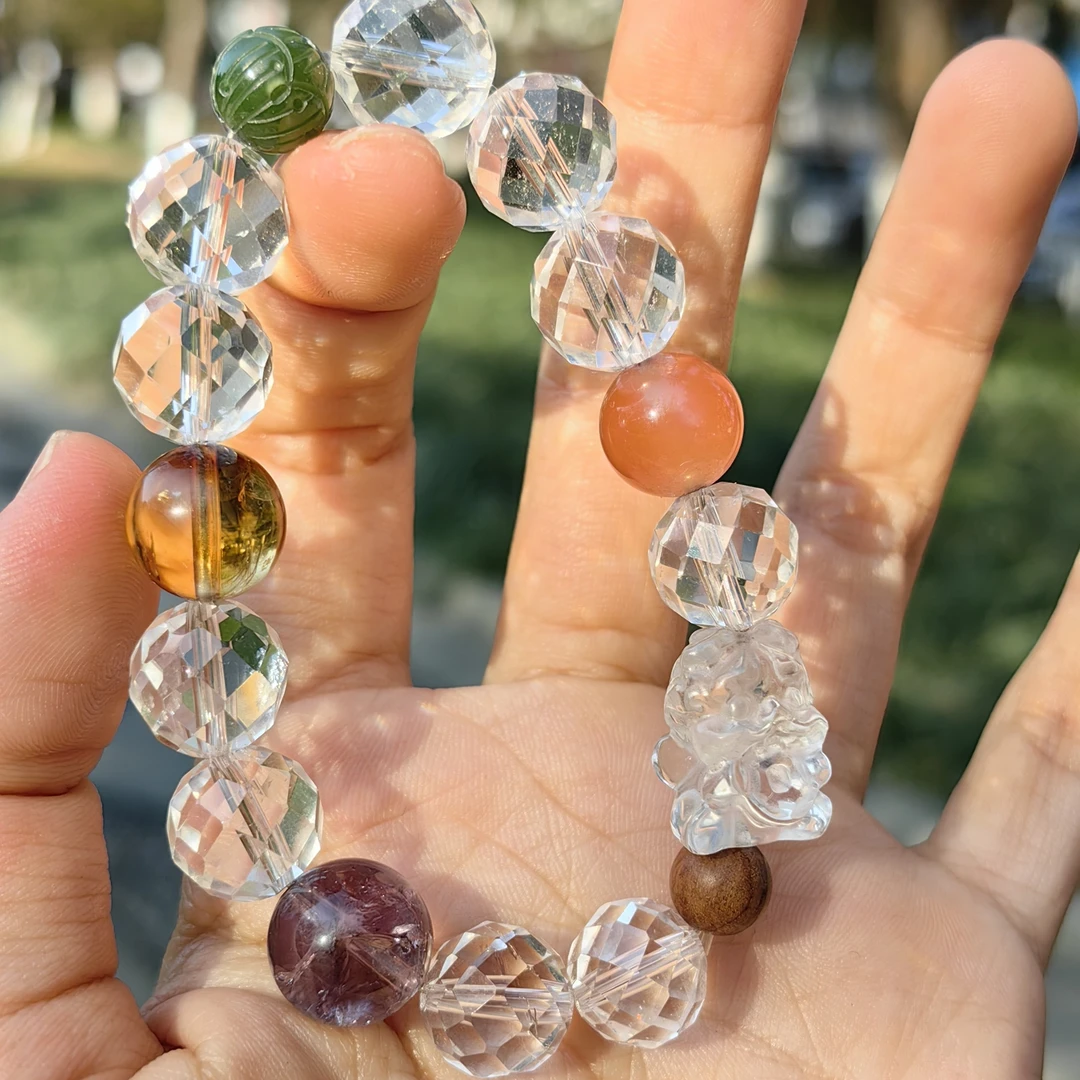 百搭小醒狮天然白水晶硬切手链