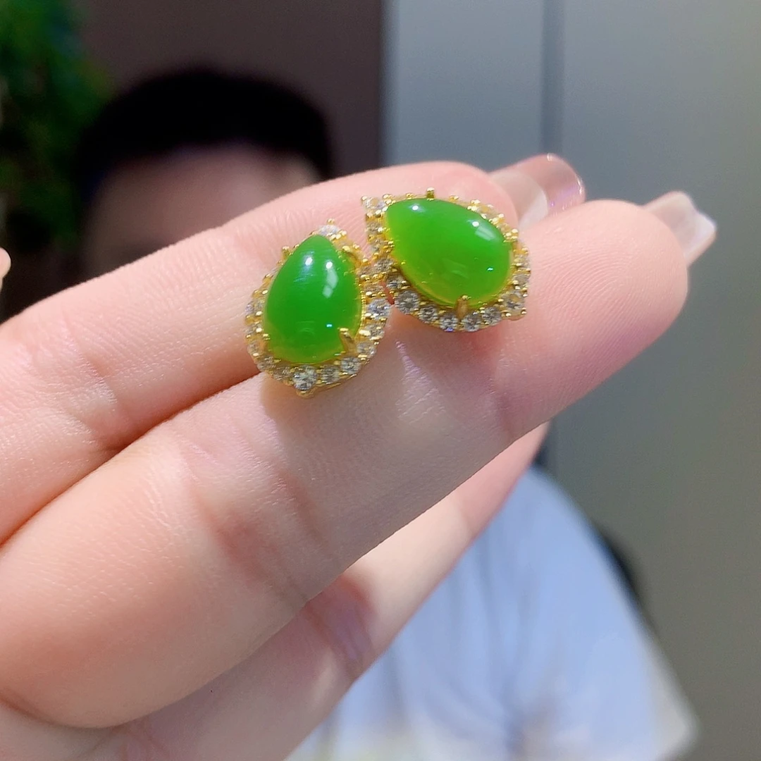 和田玉（碧玉）银S925镀金镶嵌耳饰