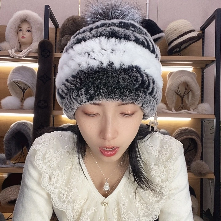 兔皮濑兔毛灰白单球帽