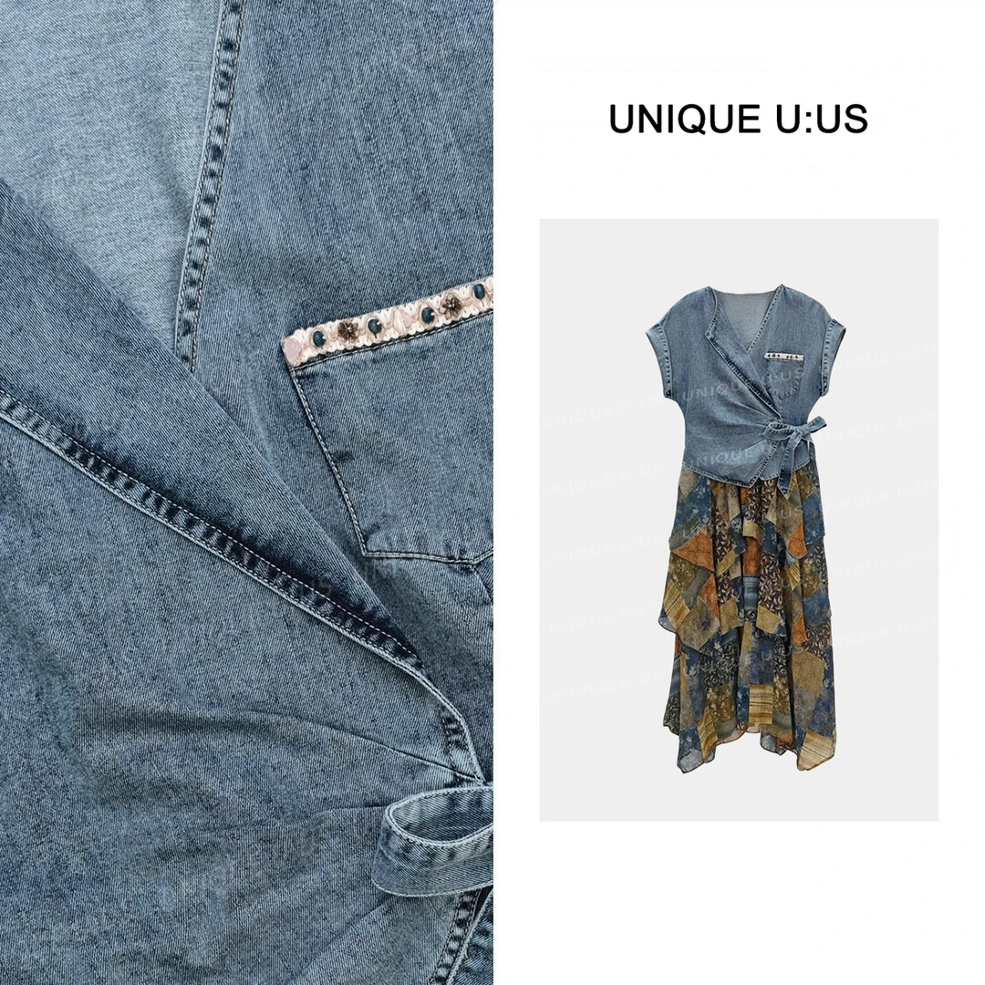 UNIQUE U:US月下轻纱法式拼色百搭显瘦女装连衣裙-251626