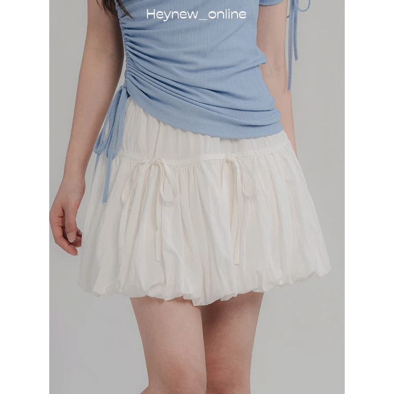 loveheynew白色甜美系带a字半身裙女显瘦蓬蓬花苞短裙-4C1071