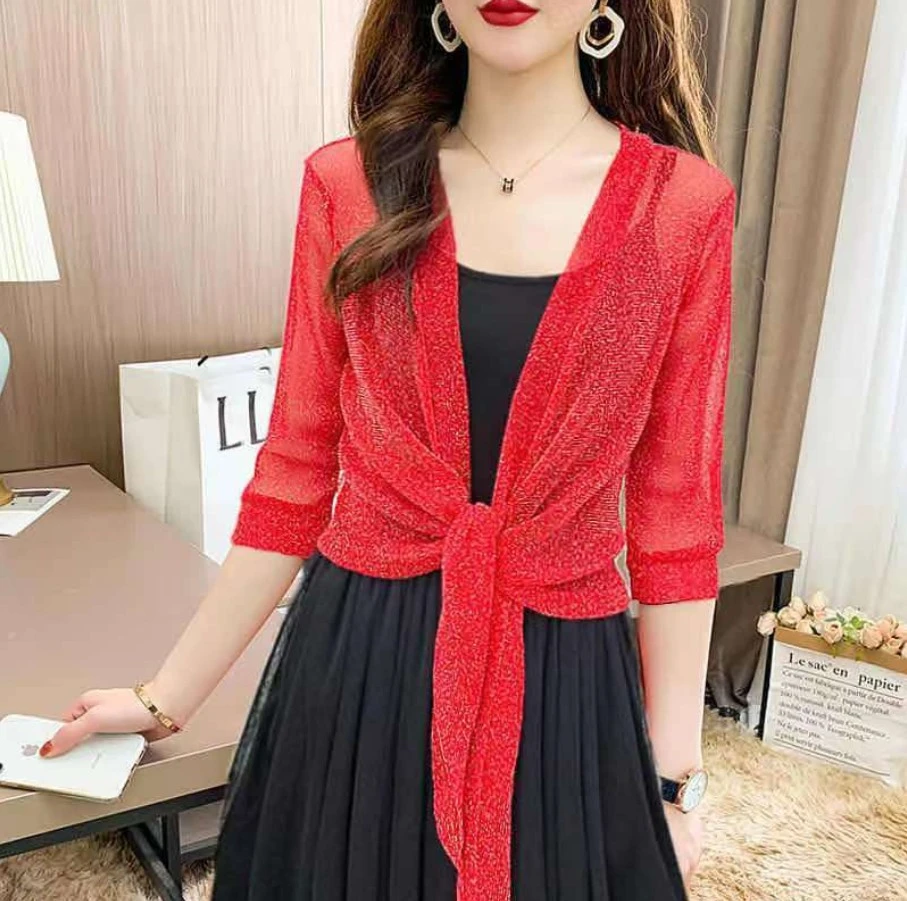 夏季女士简约百搭银丝网纱披肩小外套