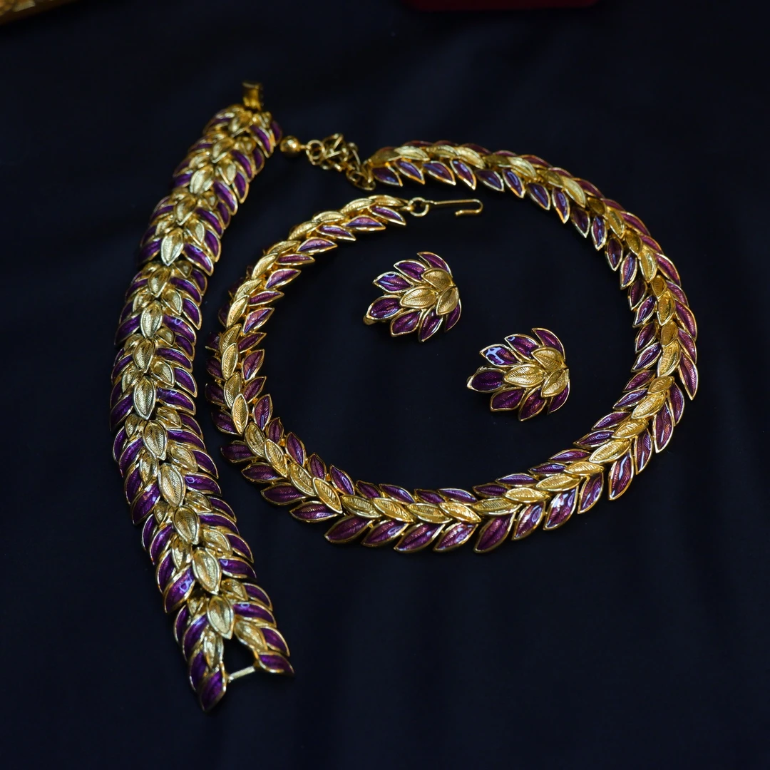 合金项链 trifari 翠法丽中古打珐琅项链锁骨链手链耳夹套装