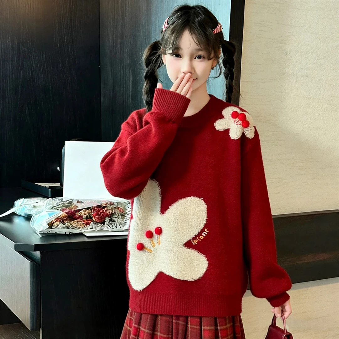 女童毛衣2025新款冬季儿童中大童本命年加厚针织衫洋气百褶裙套装