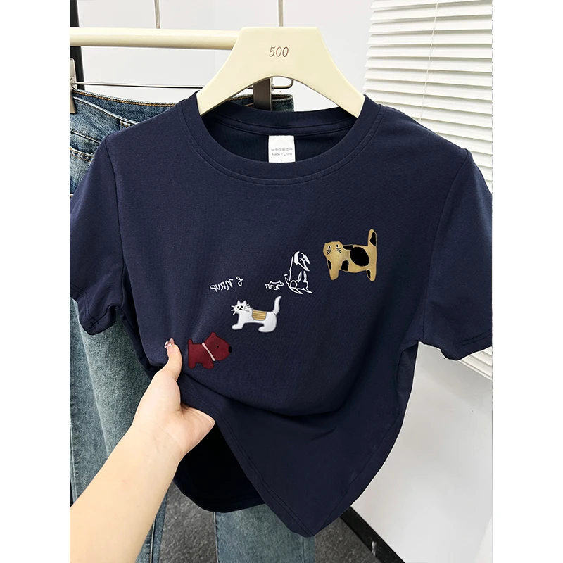 夏季新款韩版设计感圆领卡通印花正肩短袖t恤女装时尚休闲上衣潮