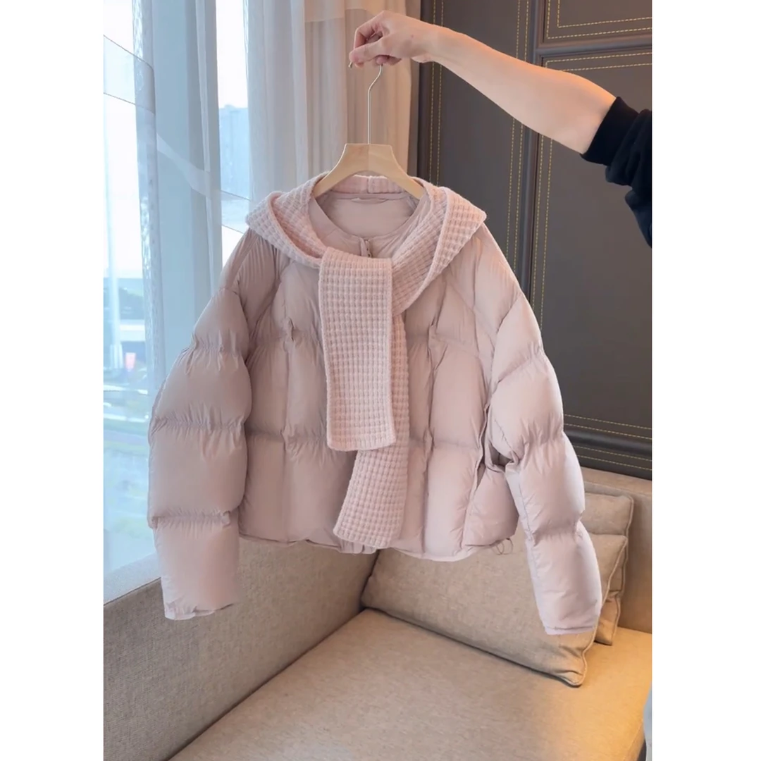 针织披肩短款圆领棉服女2025冬季新款小个子减龄保暖面包服外套