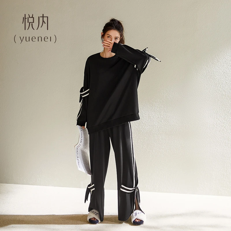 悦内带胸垫睡衣女款春秋季纯棉长袖阔腿裤家居服秋天休闲时尚套装