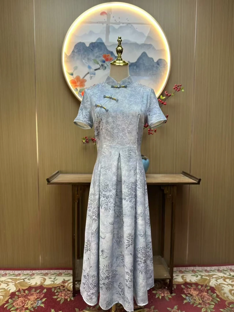 夕颜 国风日常气质优雅显瘦长款奥黛改良旗袍