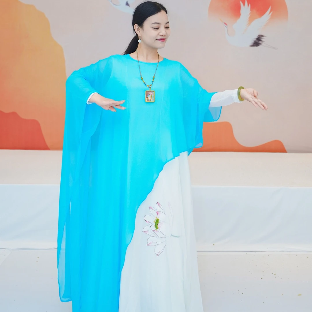 花倾尘仙气禅意手绘中国风时尚连衣裙飘逸印花薄款中长款夏季宽松