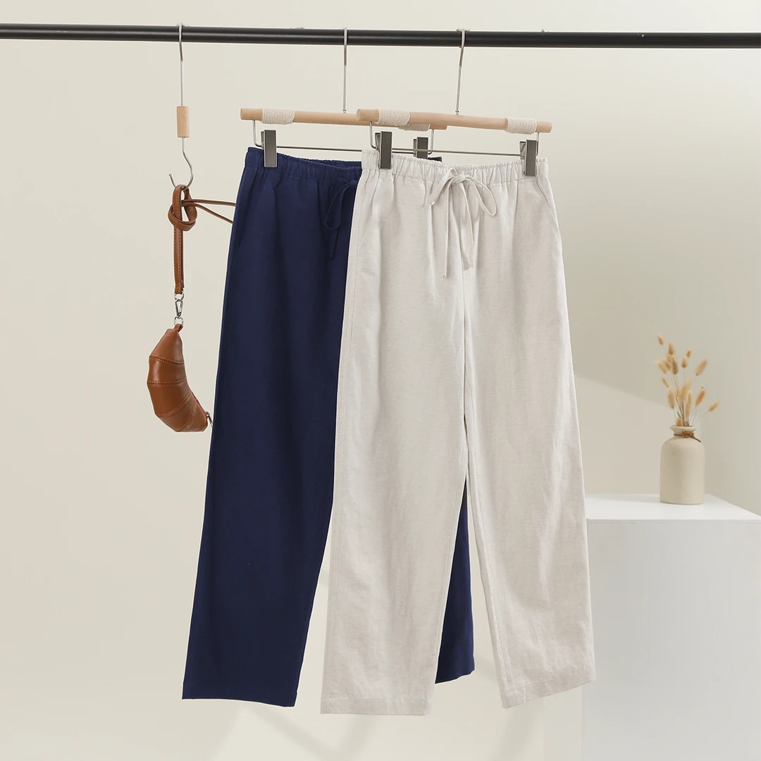 索菲丝尔2025年春季新款棉麻直筒裤女松紧腰系带休闲裤511206