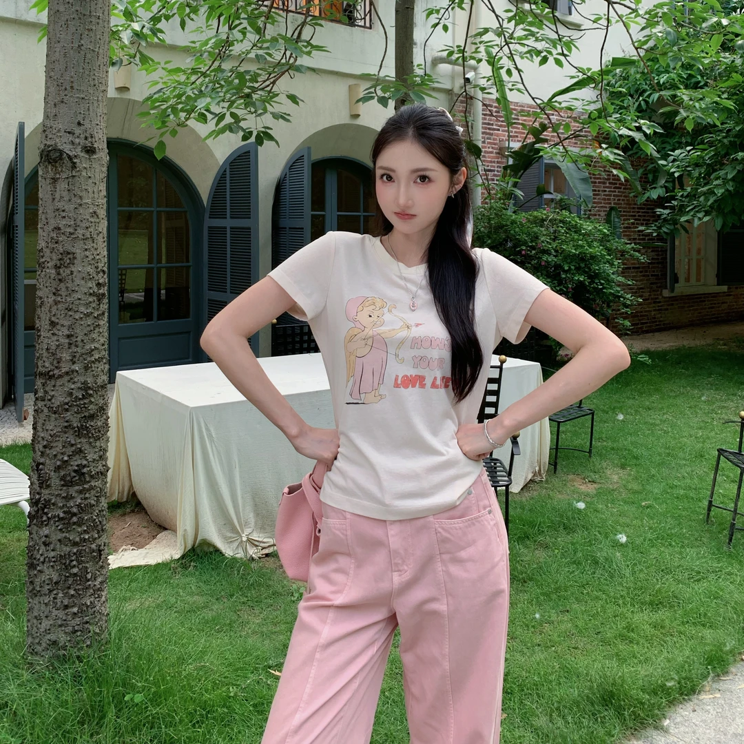 Moprobably李予诺「丘比特」休闲通勤百搭趣味印花短袖T恤L5247168