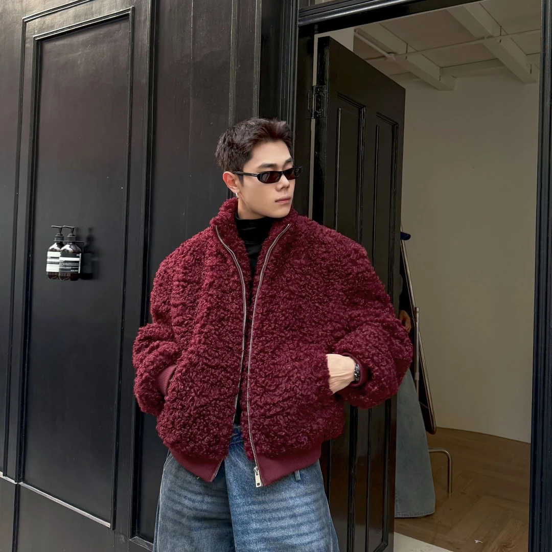 DBW Doublewin复古安哥拉红色卷卷毛新年上衣男冬季软糯毛毛外套