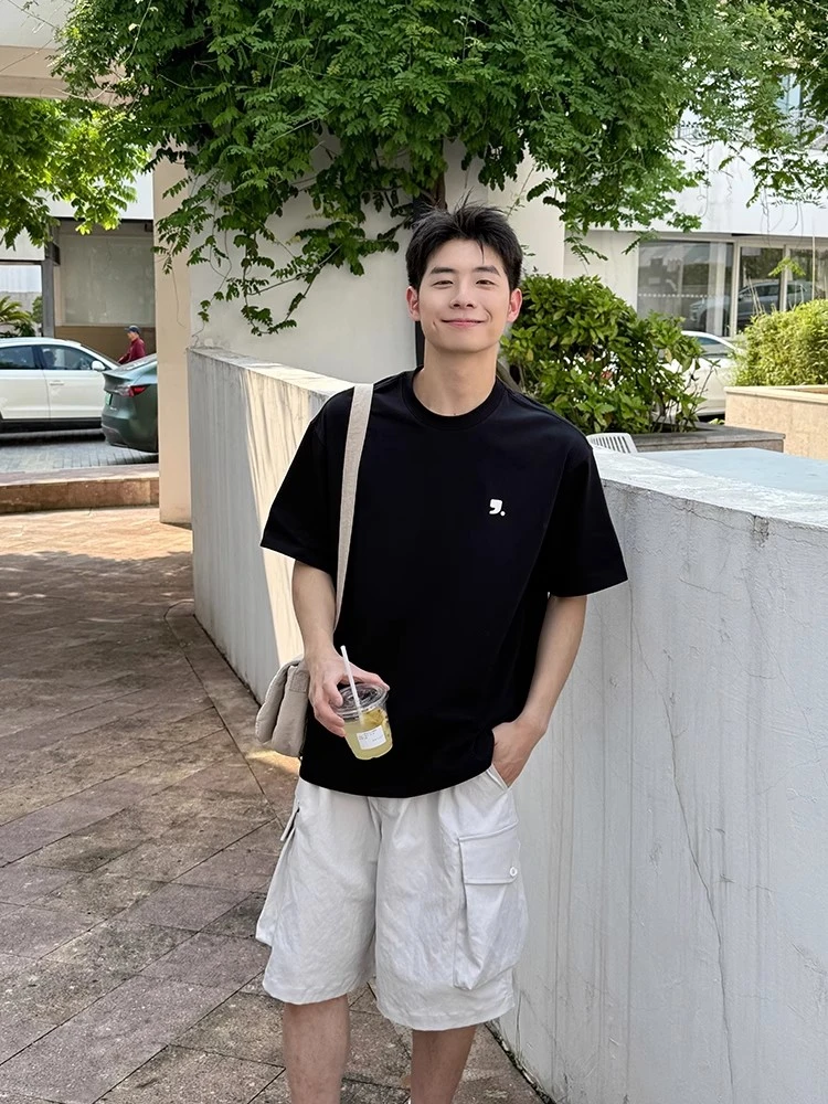 重磅纯棉圆领黑色印花短袖纯棉T恤男2025夏季新款百搭宽松上衣男