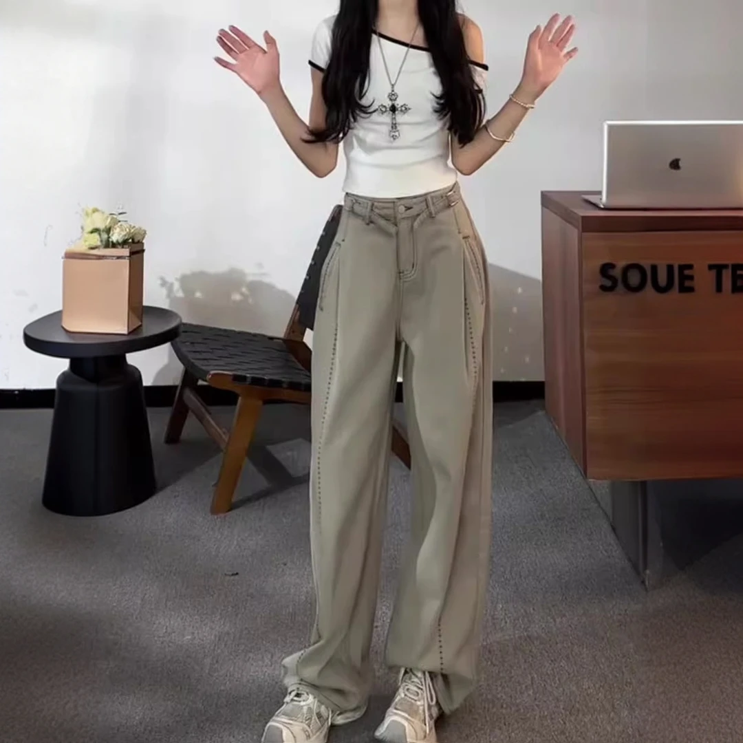 秋季新款大码高腰设计感百搭宽松显瘦韩版美式休闲弯刀裤牛仔裤女